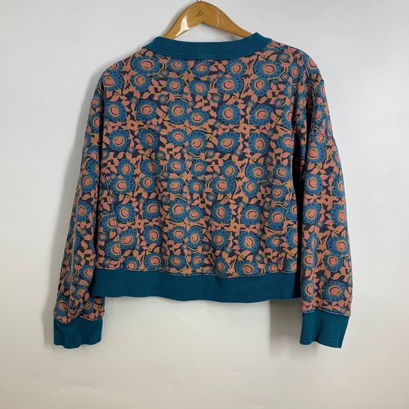 Natural Life Floral Print Sweatshirt Teal Cropped V Neck Long Sleeve Women's M - Picture 2 of 12